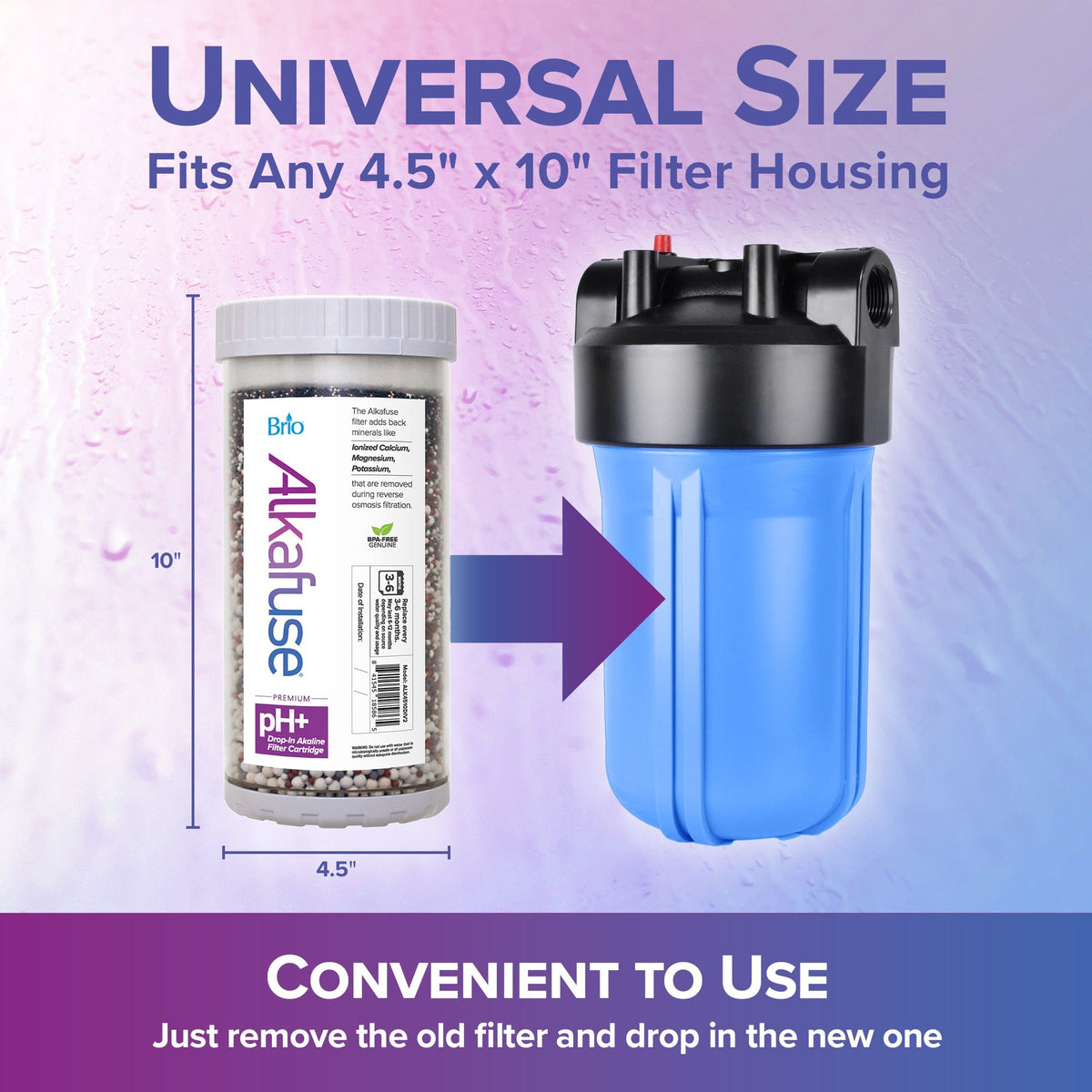 An Alkafuse Drop-In Alkaline Filter (70,000 L, 4.5" x 10") is shown beside a blue housing. An arrow points from the filter to the housing. Text says, “Universal Size Fits Any 4.5” x 10” Filter Housing” and “Convenient to Use.”.