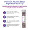 An infographic displays the Alkafuse Drop-In Alkaline Filter (150,000 L, 4.5"x20"), showing how it adds minerals, raises pH for better-tasting water, and reduces single-use plastic bottles; four icons provide brief feature highlights.