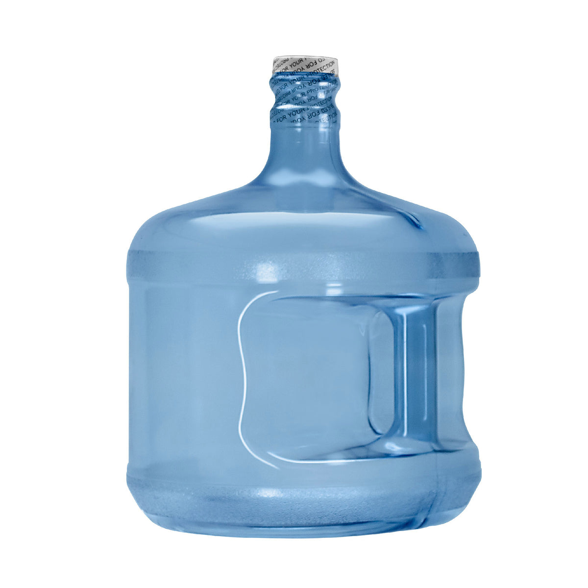 The 3-Gallon Polycarbonate Water Bottle w/ Screw Cap is a clear, blue container with a built-in handle, ideal for water dispensers or camping.