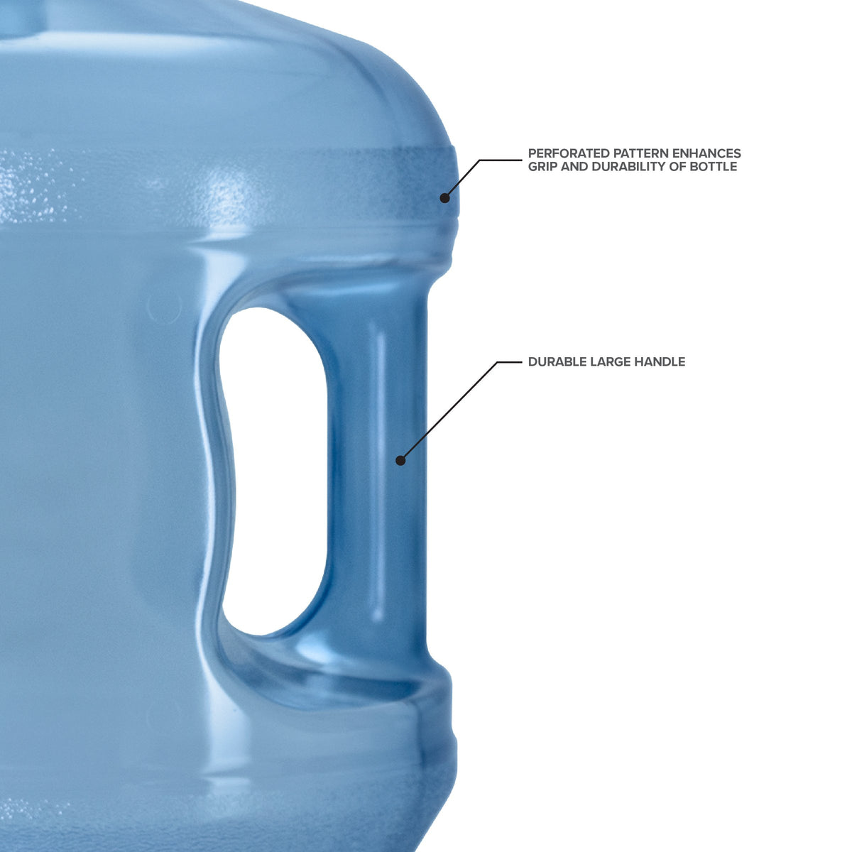 Close-up of the 3-Gallon Polycarbonate Water Bottle w/ Screw Cap, featuring a perforated top pattern for enhanced grip and durability, plus a large handle for easy carrying—perfect as a camping jug.