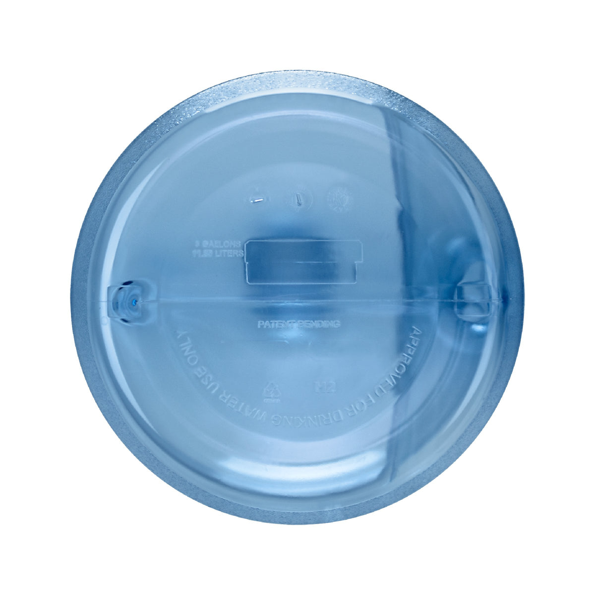 Top-down view of the 3-Gallon Polycarbonate Water Bottle w/ Screw Cap, featuring a translucent blue plastic lid with embossed recycling and safety symbols—perfect for camping jugs needing high temperature resistance.