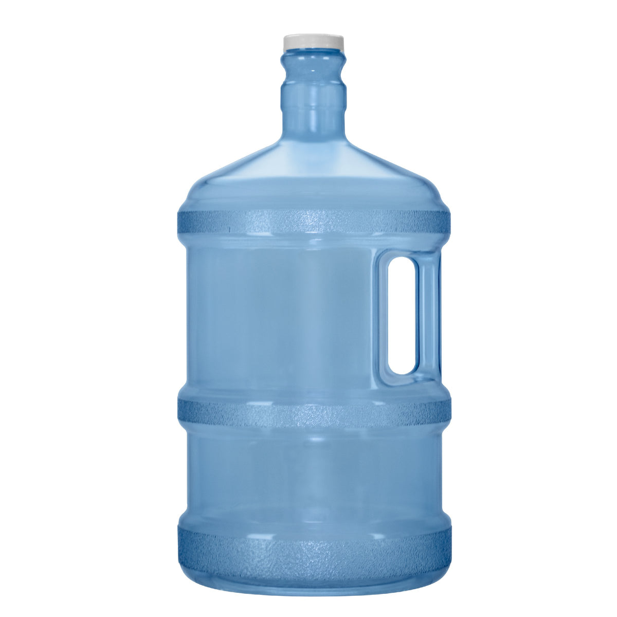 The 3-Gallon Polycarbonate Water Bottle w/ Screw Cap features a transparent blue body, white screw cap, and side handle, standing upright against a white background.