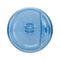 Top view of the circular, semi-transparent blue screw cap from the 3-Gallon Polycarbonate Water Bottle, featuring embossed recycling symbols and a warning not to refill with other liquids.