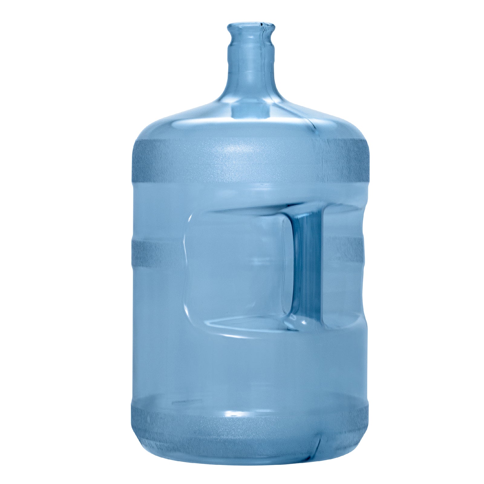 The 5-Gallon Polycarbonate Crown Top Water Bottle is a large, transparent blue jug with a built-in handle and narrow neck, perfect for chemical-free water storage, camping, or use with water dispensers.