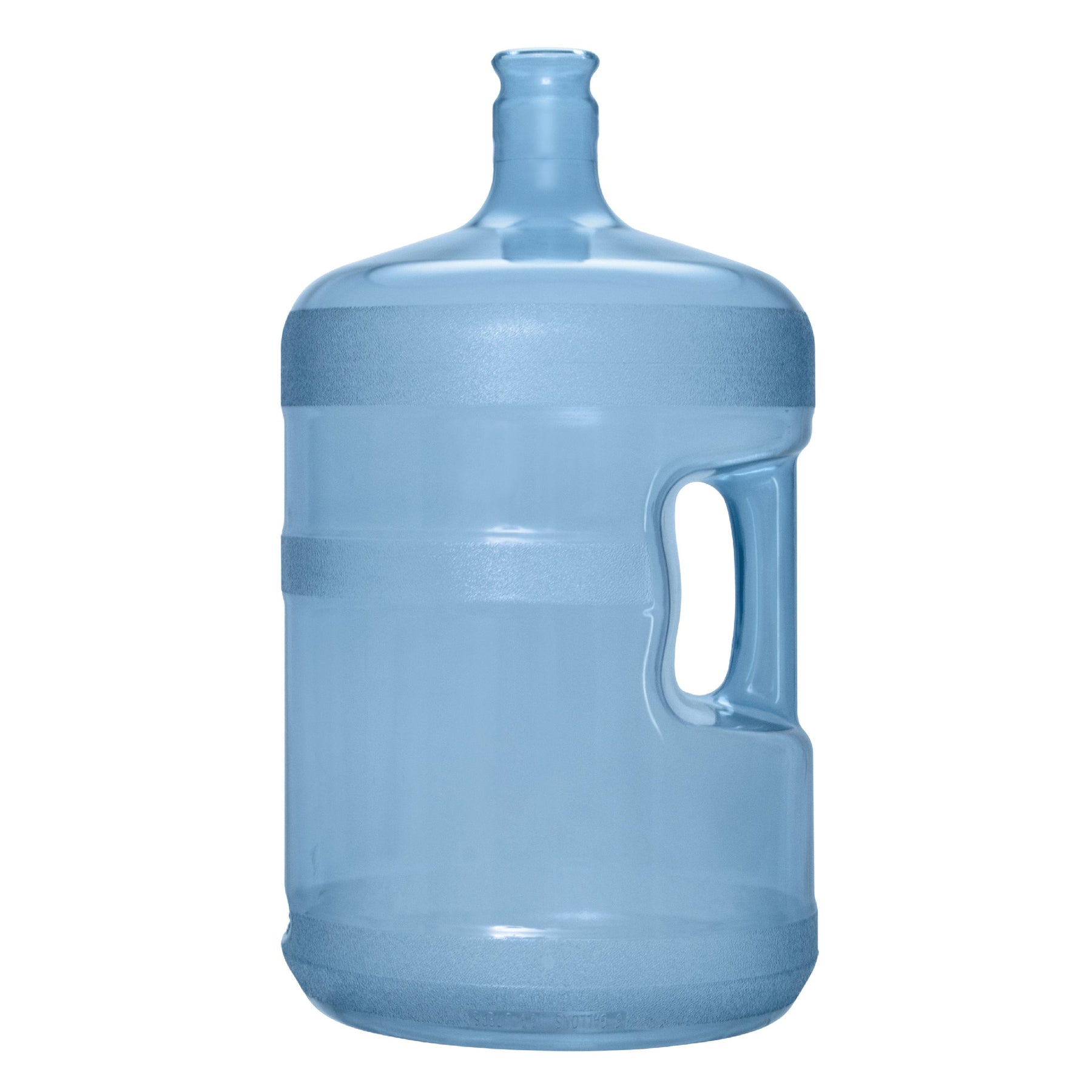The 5-Gallon Polycarbonate Crown Top Water Bottle is a large blue jug with a side handle and narrow neck, ideal for water dispensers. Perfect for chemical-free water storage or as a camping container.