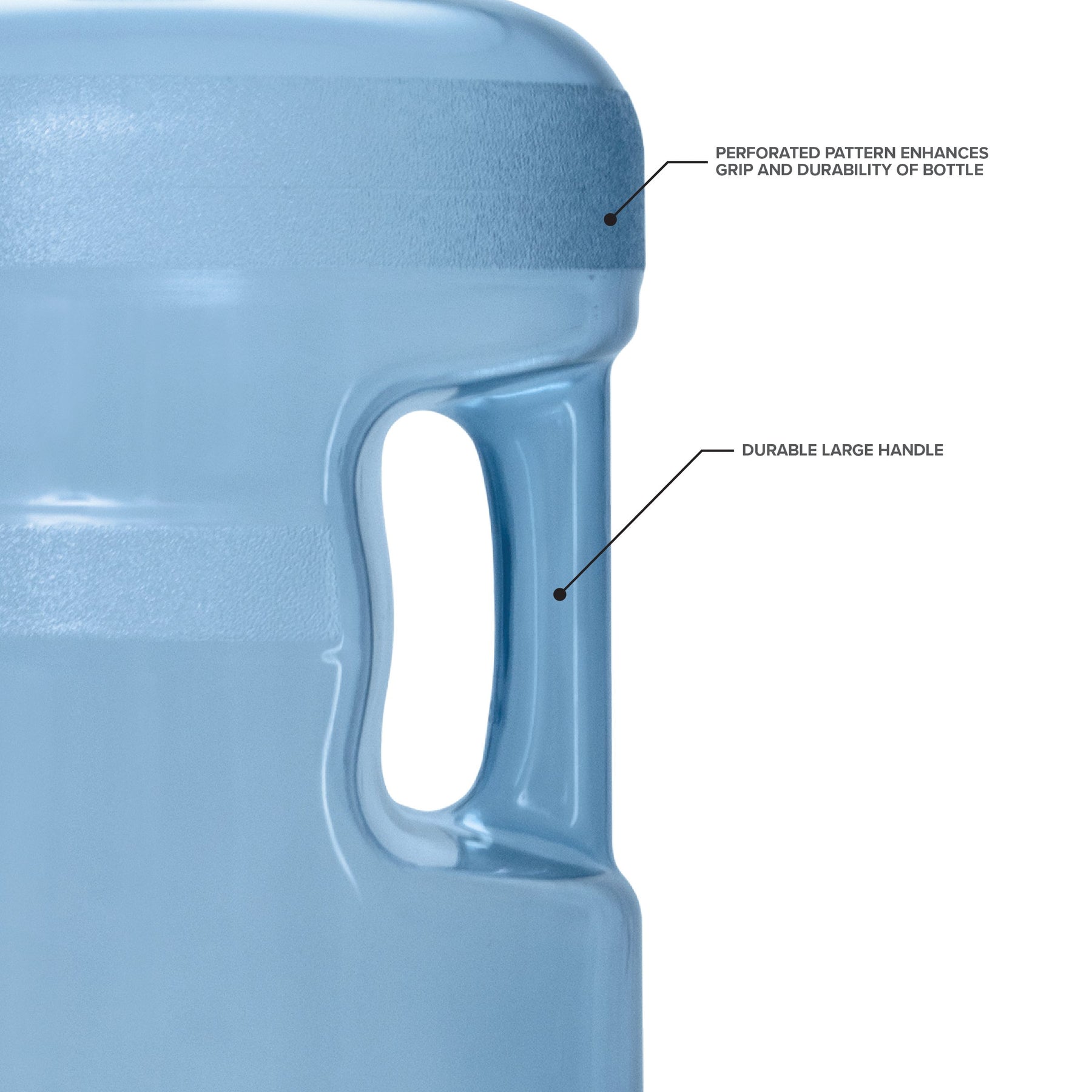 Close-up of the 5-Gallon Polycarbonate Crown Top Water Bottle in blue, featuring a grip-enhancing perforated pattern, durable handle for easy carrying, and chemical-free water storage.