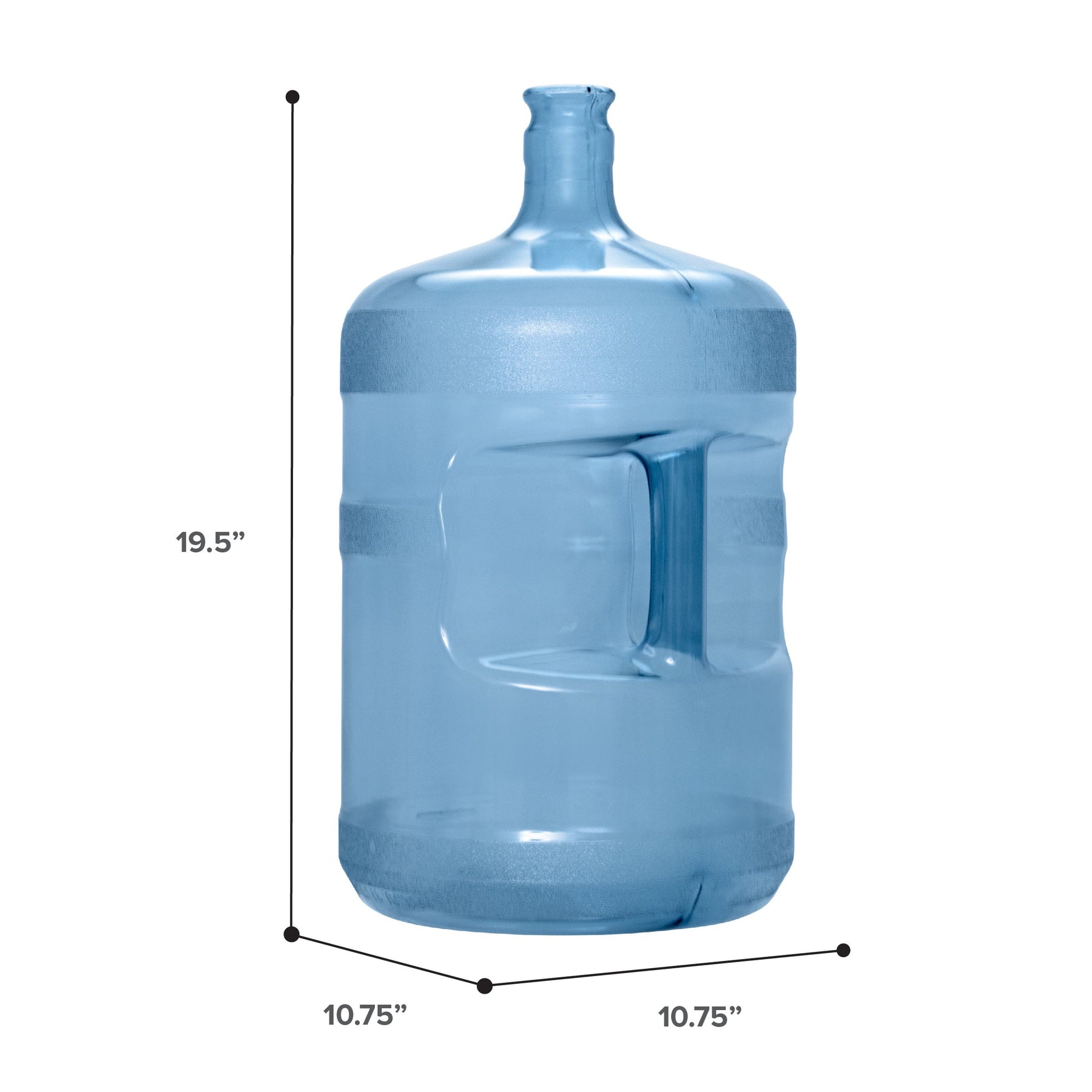 The 5-Gallon Polycarbonate Crown Top Water Bottle is a large blue jug with a built-in handle, measuring 19.5" tall and 10.75" wide—perfect for chemical-free water storage or as a camping container. Measurements shown beside the bottle.