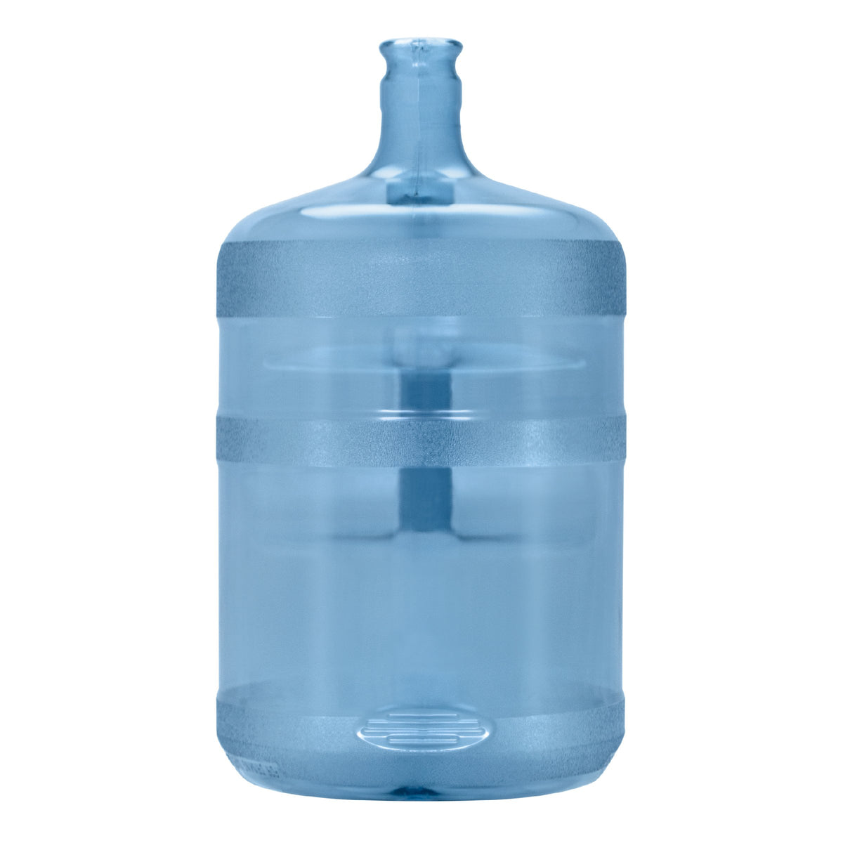 The 5-Gallon Polycarbonate Crown Top Water Bottle, a large transparent blue jug, is perfect for chemical-free water storage on water dispensers or camping, and stands upright on a white background.