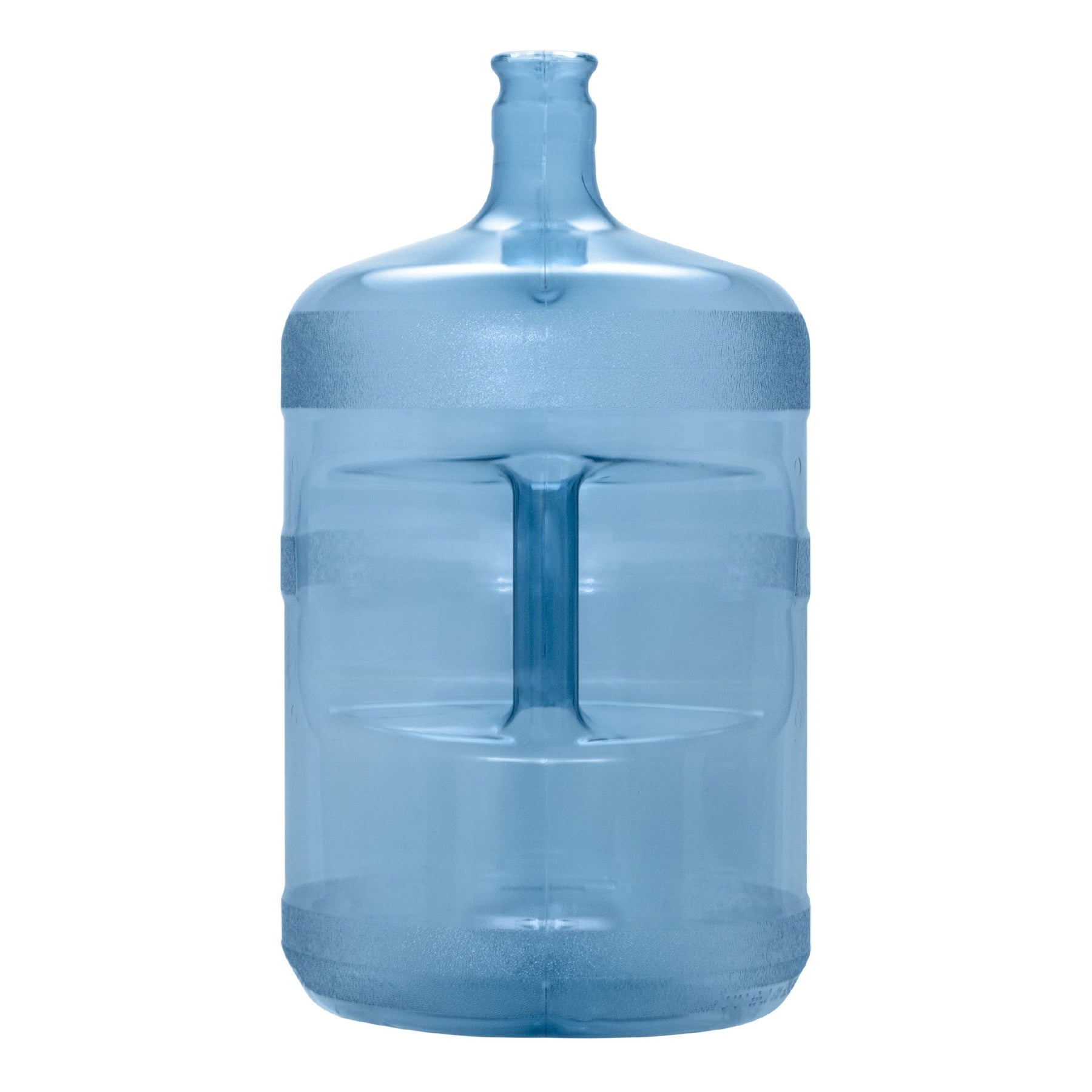 The 5-Gallon Polycarbonate Crown Top Water Bottle is a large, transparent blue container with a narrow neck and no cap, ideal for chemical-free water storage in dispensers. It stands upright on a white background.