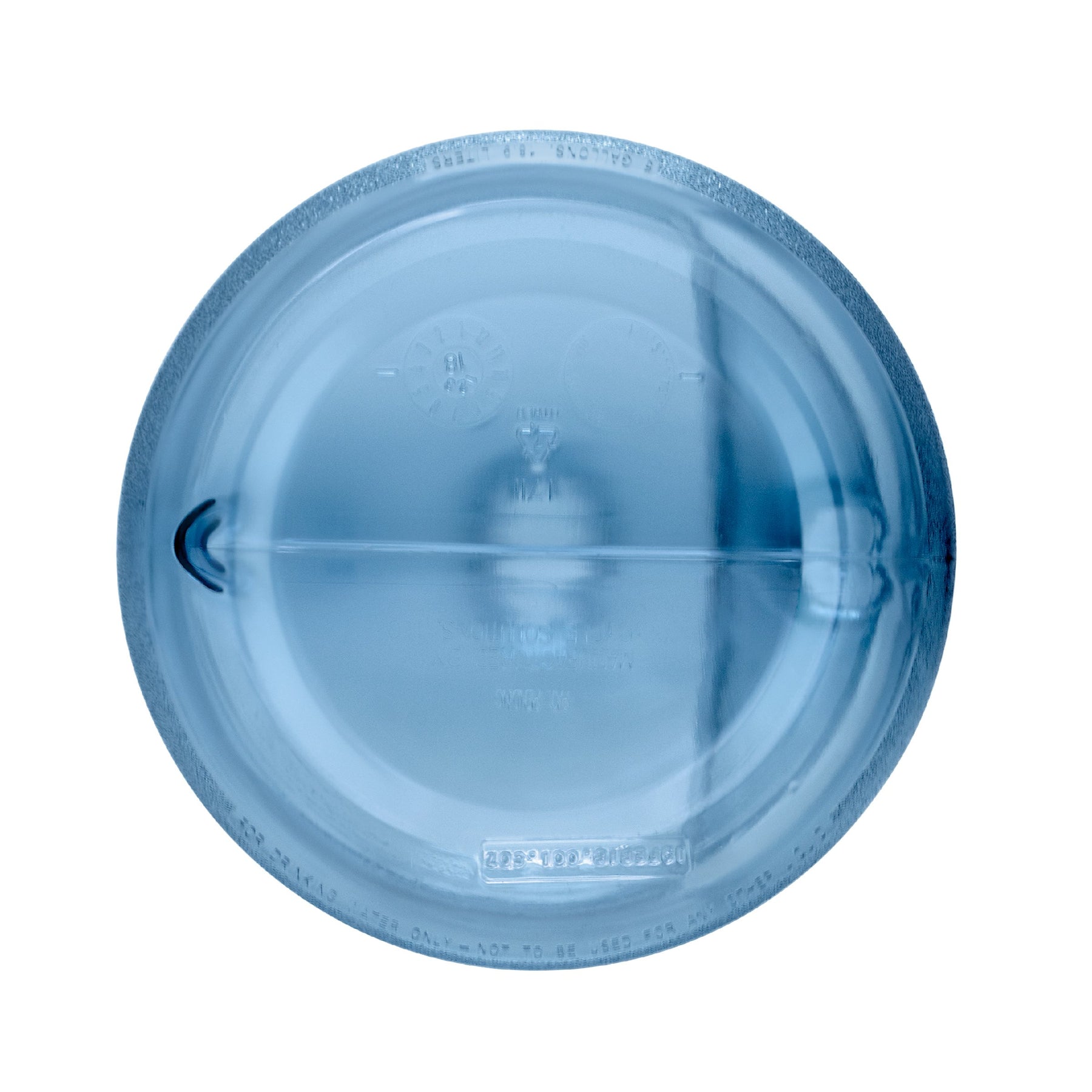 A top-down view of the 5-Gallon Polycarbonate Crown Top Water Bottle’s round, blue-tinted plastic lid, embossed with recycling symbols and text—perfect for chemical-free water storage during camping or outdoor use.