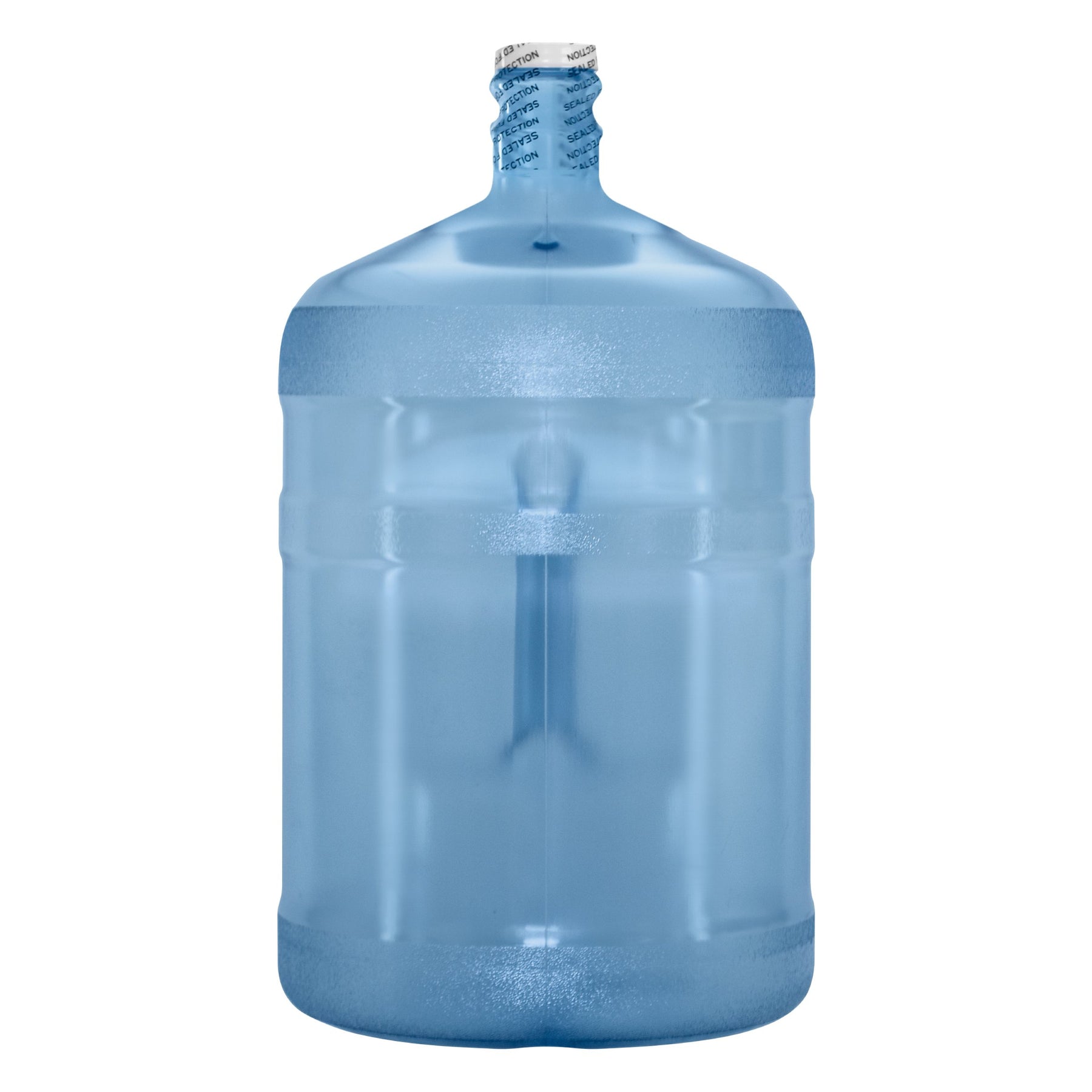 The 5-Gallon Polycarbonate Water Bottle w/ Screw Cap is a large, transparent blue jug, nearly full and upright with a leak-proof cap, ideal for camping or water dispensers, shown against a plain white background.