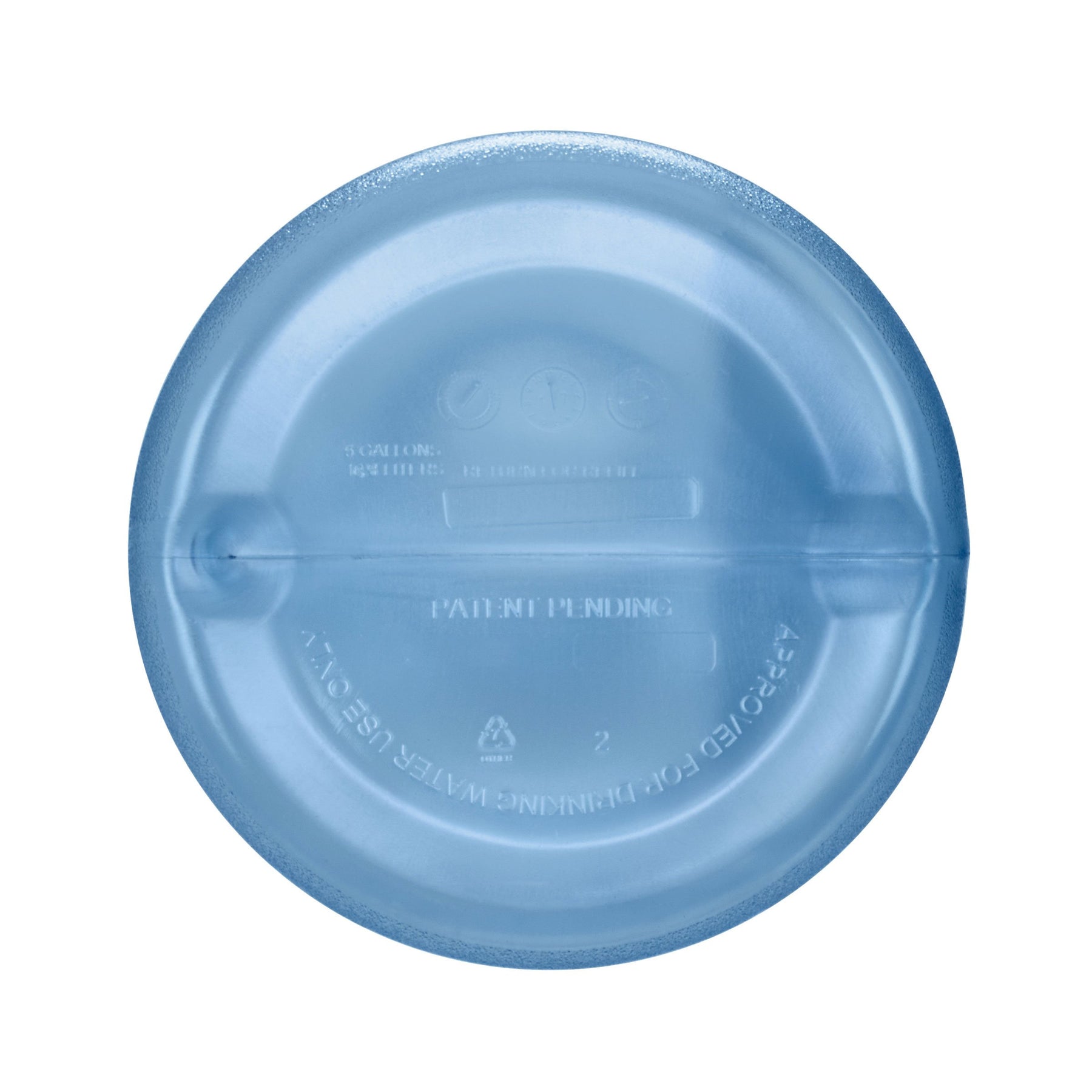 Top-down view of the 5-Gallon Polycarbonate Water Bottle w/ Screw Cap, showing its translucent blue lid with embossed text, recycling symbols, and leak-proof design—patent pending and safe for drinking water, ideal for camping.