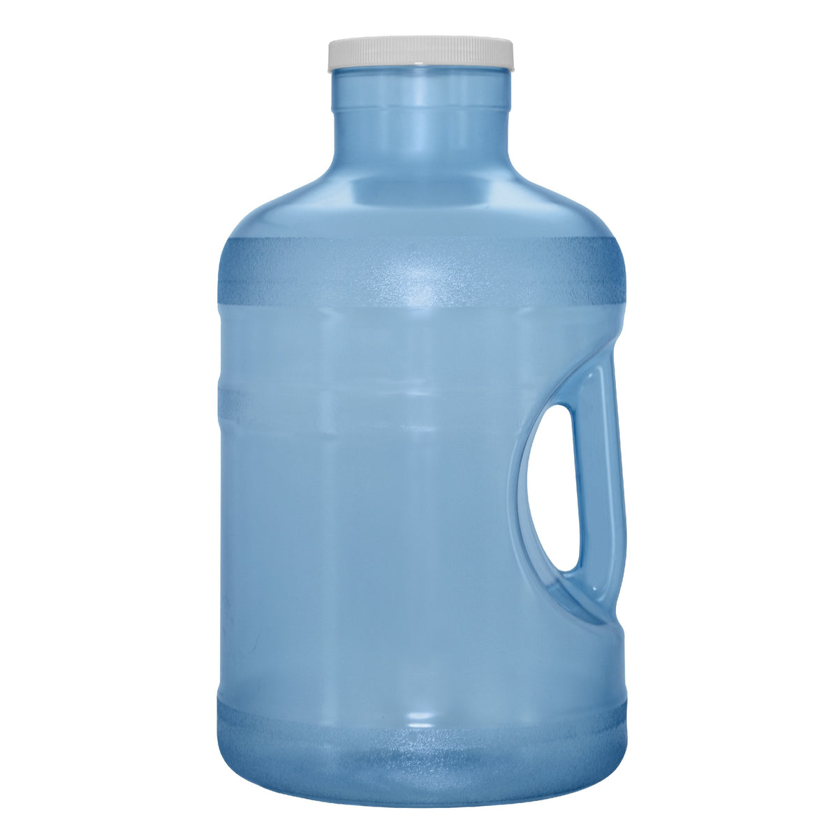 The 5-Gallon Polycarbonate Big Mouth Bottle is a large, translucent blue water bottle with durable plastic construction, a white screw-on cap, and a built-in side handle.