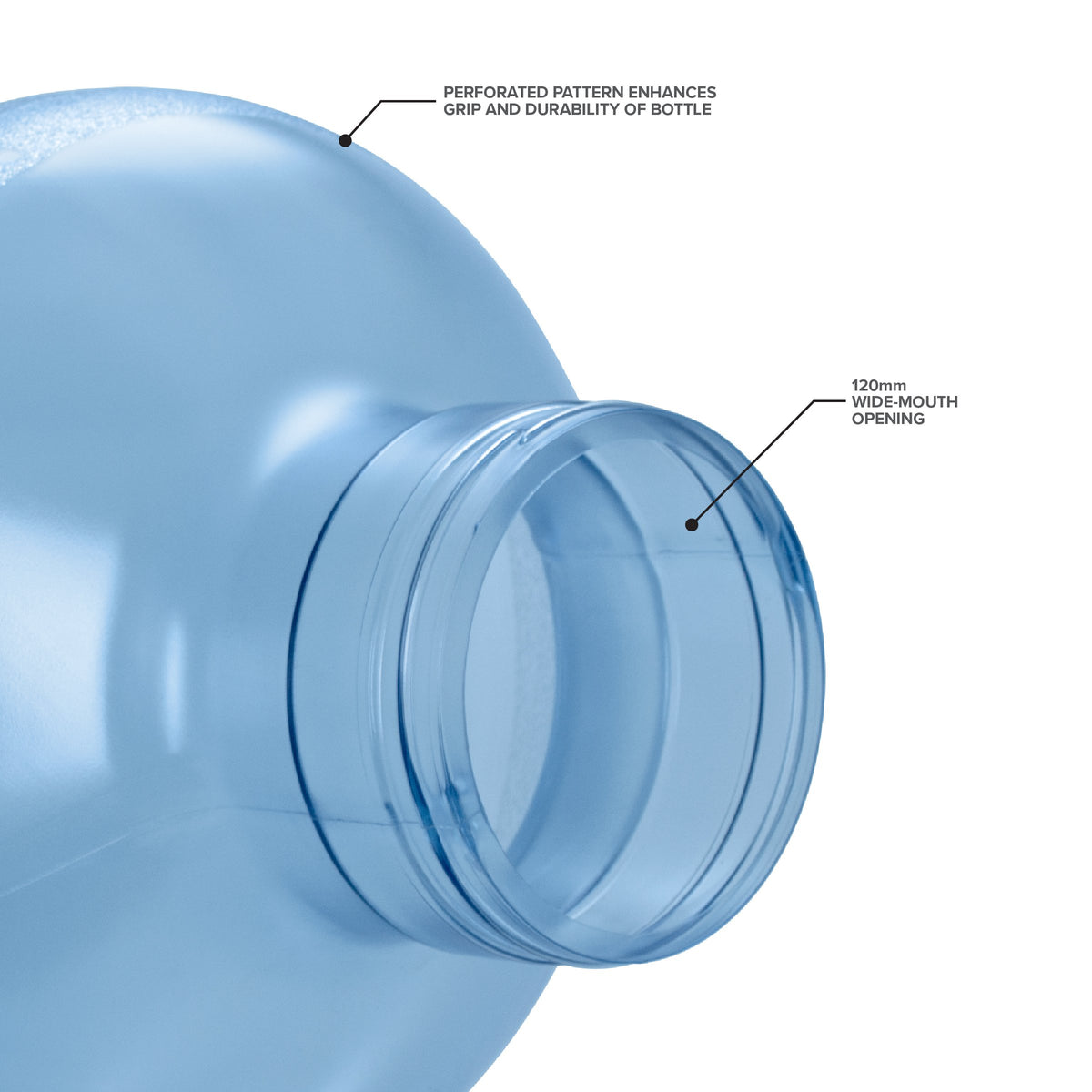 Close-up of the 5-Gallon Polycarbonate Big Mouth Bottle in blue, featuring a durable plastic build and a 120mm wide-mouth opening. The perforated pattern boosts grip and durability, making it ideal as a wide mouth water bottle.