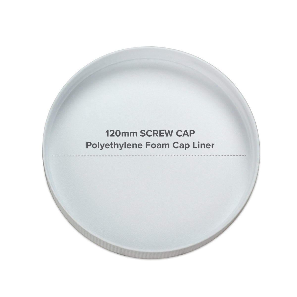 A white 120mm screw cap with a polyethylene foam liner, seen from above. Designed for the 5-Gallon Polycarbonate Big Mouth Bottle, "120mm SCREW CAP Polyethylene Foam Cap Liner" is printed on its interior liner.