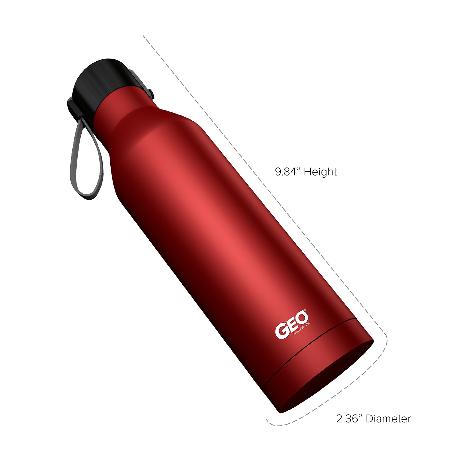 The GEO 17 oz. Sports Bottle w/ Cap – Multiple Colors is shown in red with a black cap, carrying loop, BPA free construction, and GEO branding. It measures 9.84" high by 2.36" wide with labeled dimensions and dashed guide lines.