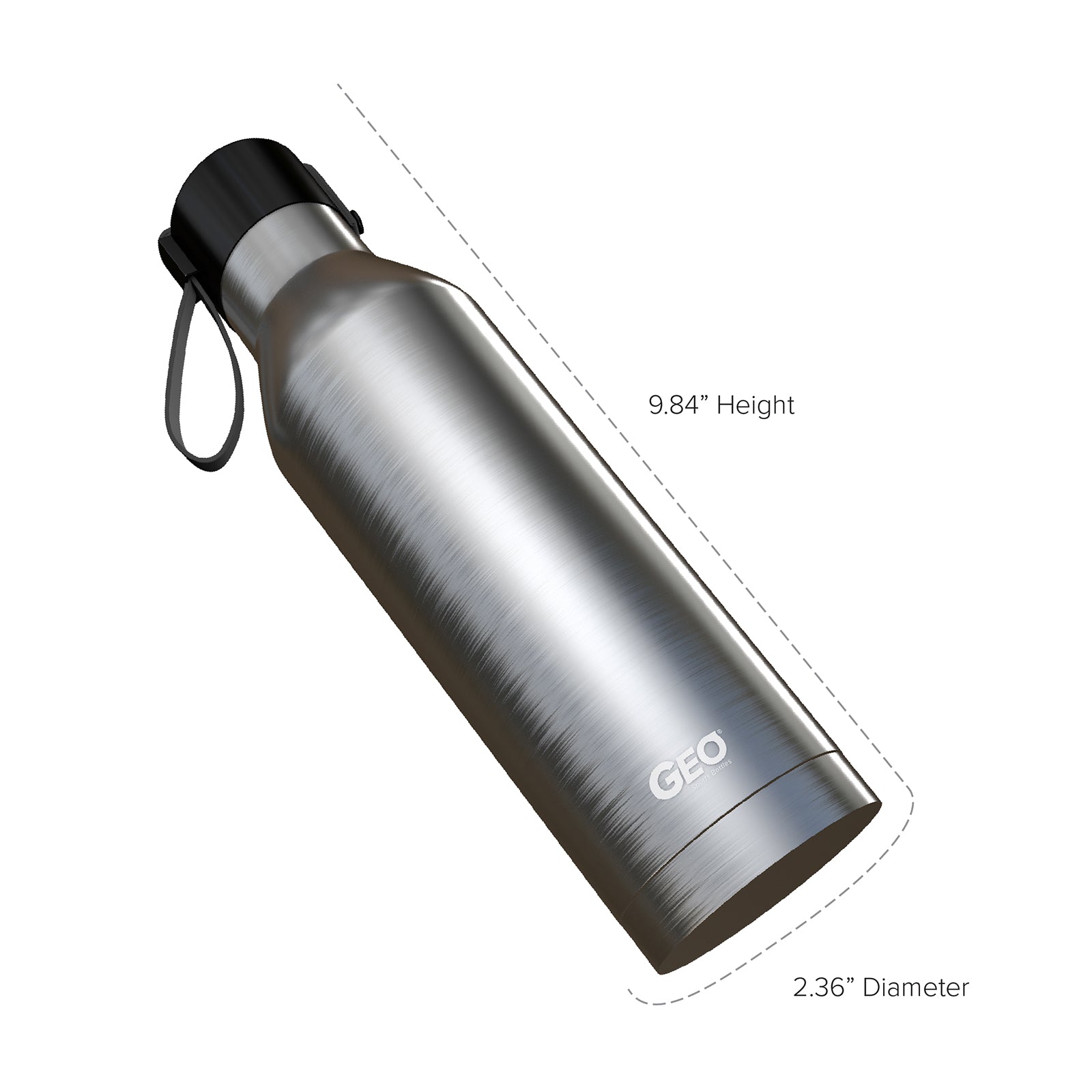 The GEO 17 oz. Sports Bottle w/ Cap – Multiple Colors is BPA free, stainless steel, features double wall vacuum insulation, has a black cap with carrying loop, and measures 9.84" H x 2.36" D.