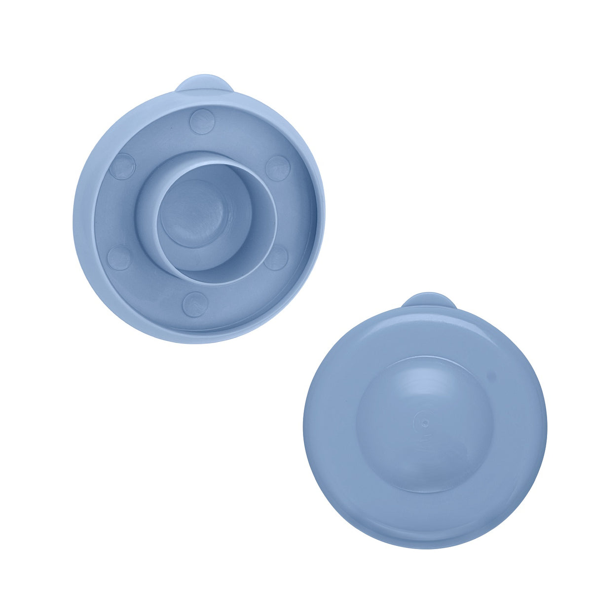 Two blue Snap-On Crown Top Water Bottle Caps, compatible with 55mm bottles; one shown top-down revealing a raised ring and suction cups, the other bottom-up showing a smooth, leak-proof surface. Available in a 48-pack.