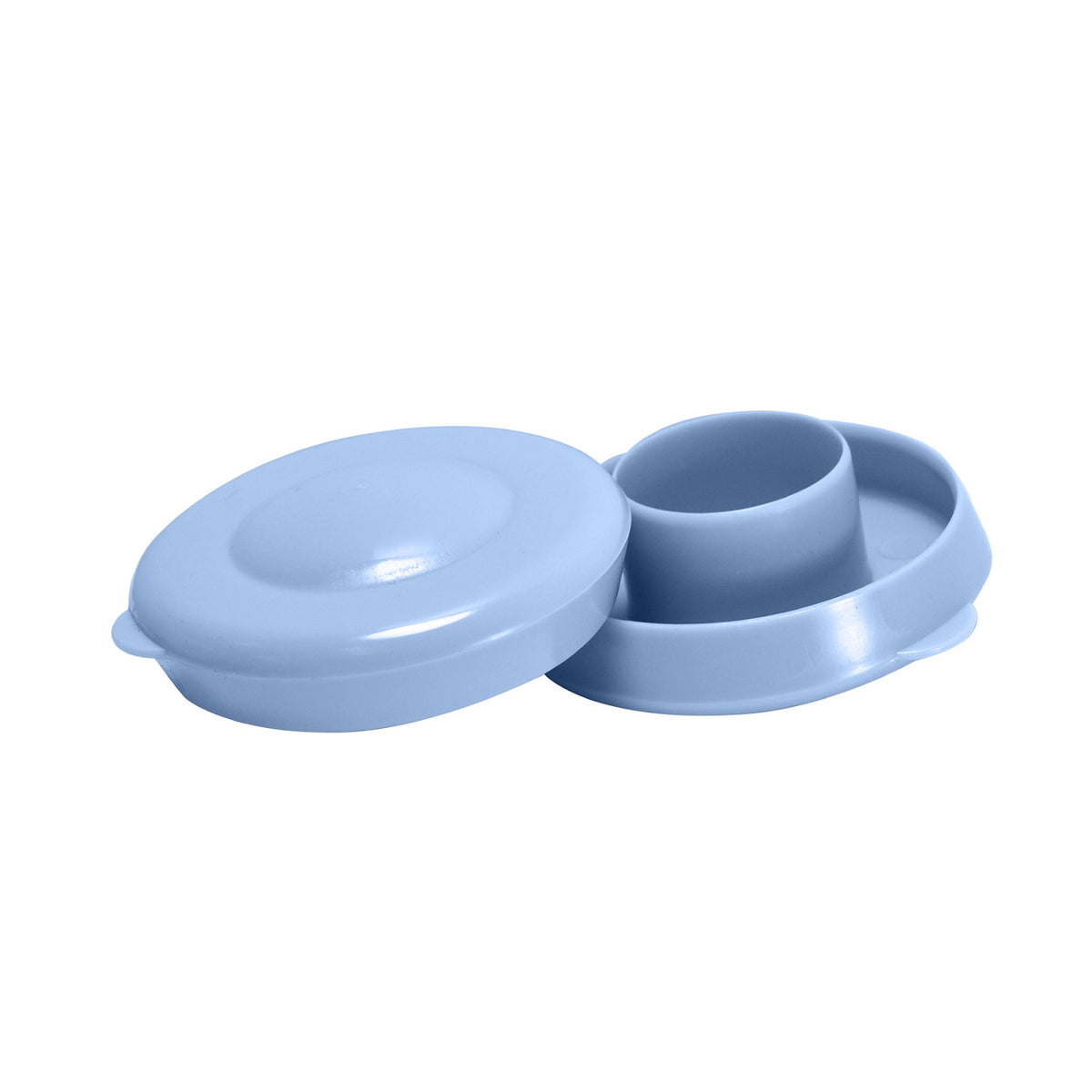 A pack of 48 Snap-On Crown Top Water Bottle Caps in light blue, made from food grade plastic, each with a round shape and raised center, displayed open and separated on a white background.