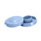 A pack of 48 Snap-On Crown Top Water Bottle Caps in light blue, made from food grade plastic, each with a round shape and raised center, displayed open and separated on a white background.