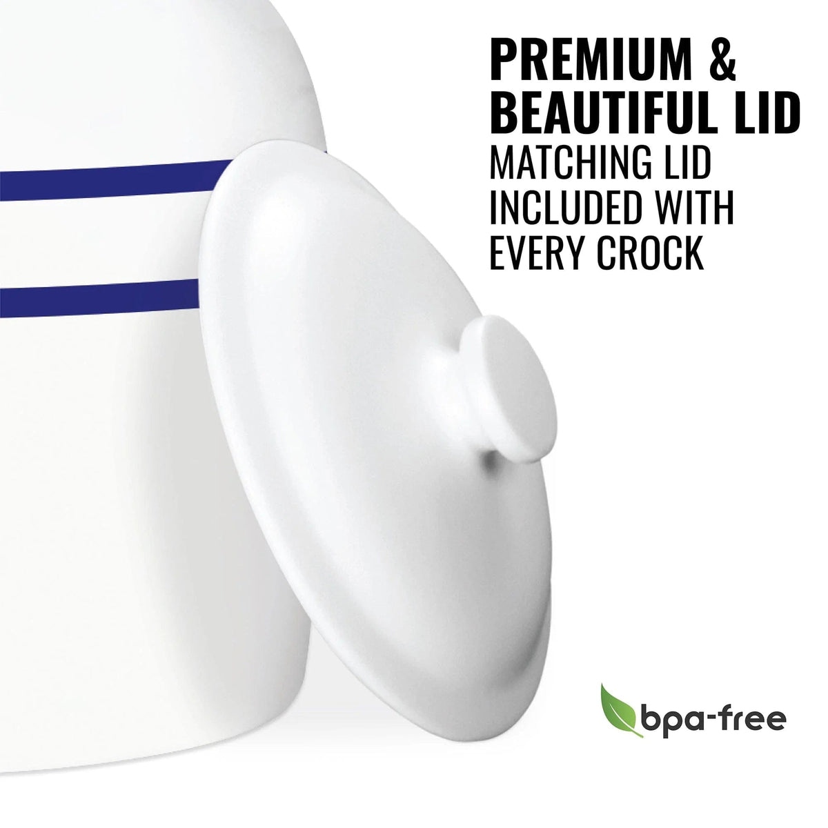 Close-up of the GEO Porcelain Ceramic Crock Water Dispenser - Blue Stripe with its matching BPA-free lid beside it. Blue stripes decorate the crock, and a BPA-free logo appears at the bottom right. Matching lid included with every dispenser.