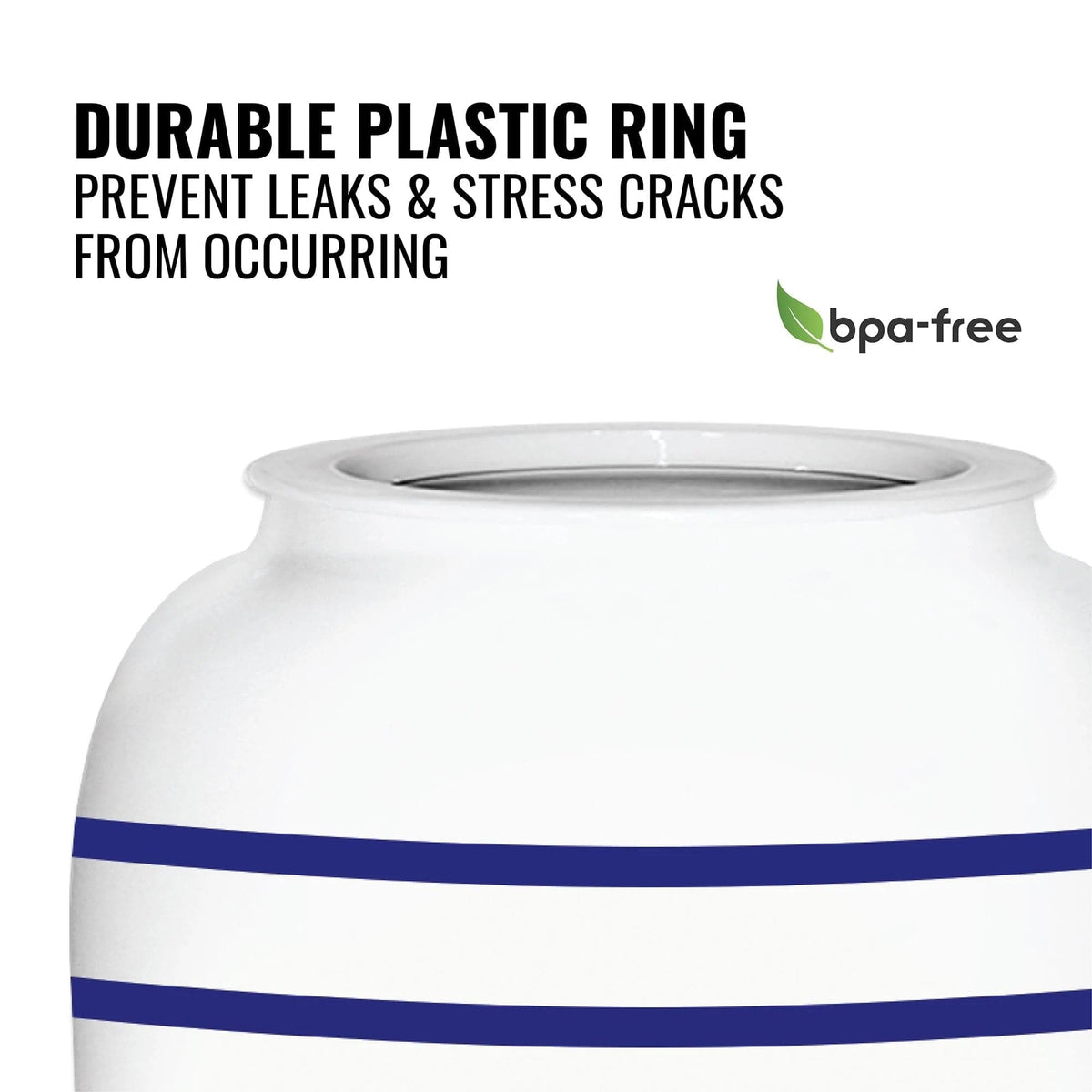 A close-up of the GEO Porcelain Ceramic Crock Water Dispenser - Blue Stripe shows a white container with blue stripes and a durable plastic ring that prevents leaks and stress cracks. Text appears with a green leaf icon.