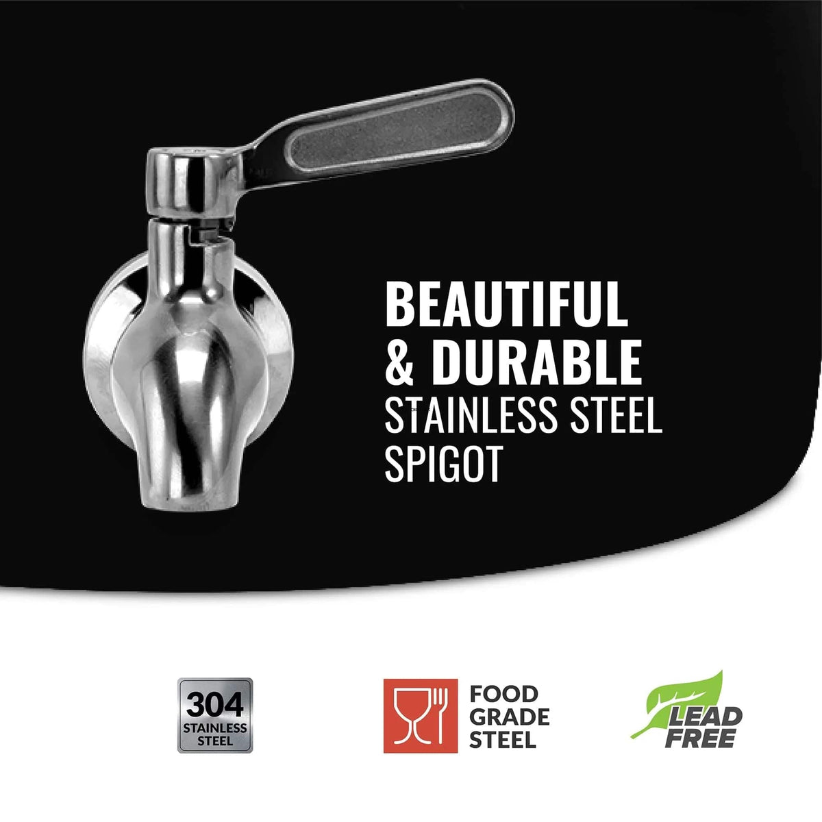 A 304 food-grade, BPA-free stainless steel lever spigot is mounted on the GEO Porcelain Ceramic Crock Water Dispenser – Black. Perfect for ceramic water dispensers or 5-gallon bottles. Text: Beautiful & durable stainless steel spigot.