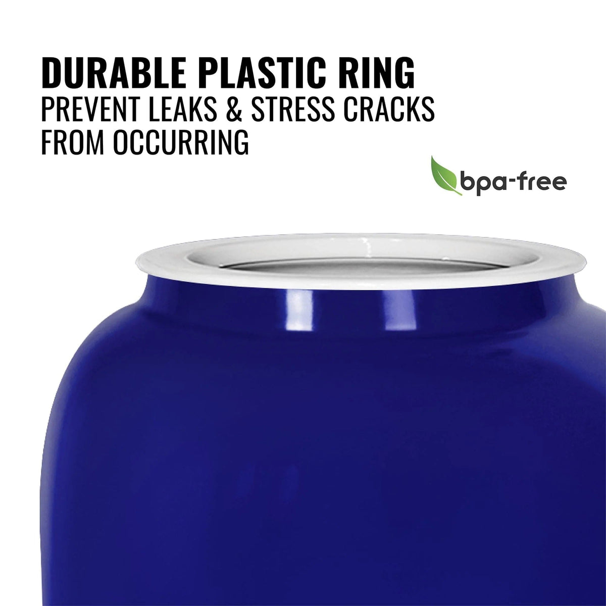 A close-up of the GEO Porcelain Ceramic Crock Water Dispenser in blue, featuring a white, durable plastic ring that prevents leaks and stress cracks. Text above highlights this feature. A BPA-free symbol with a green leaf is also displayed.