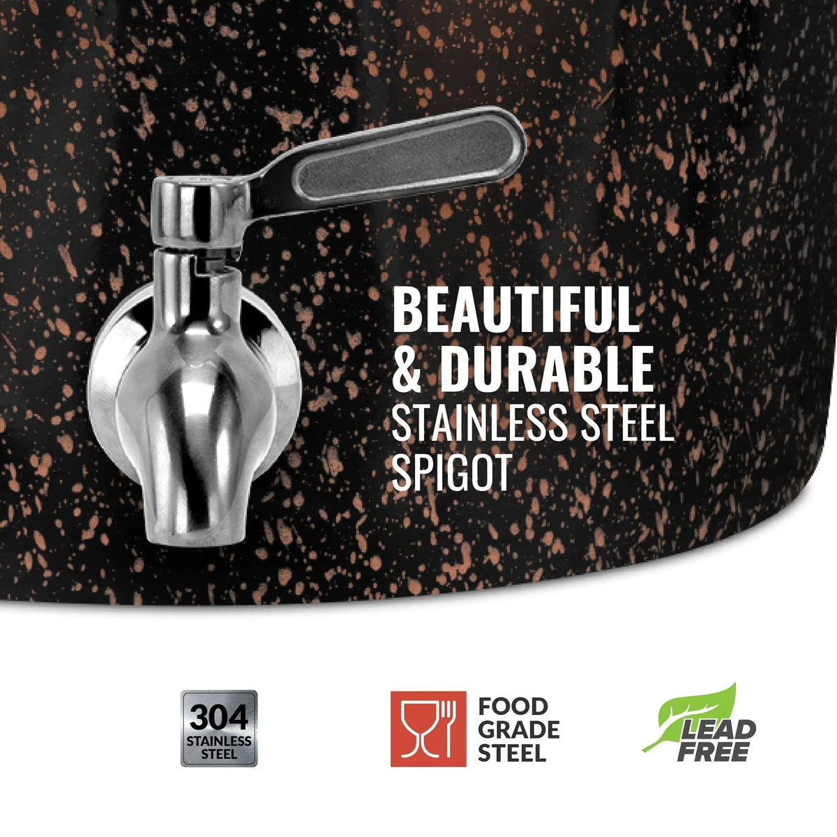 Close-up of a stainless steel spigot on the GEO Porcelain Ceramic Crock Water Dispenser, Black with Orange Speckles. Text: Beautiful & durable 304 stainless steel spigot. Icons: food grade, BPA-free, lead free.