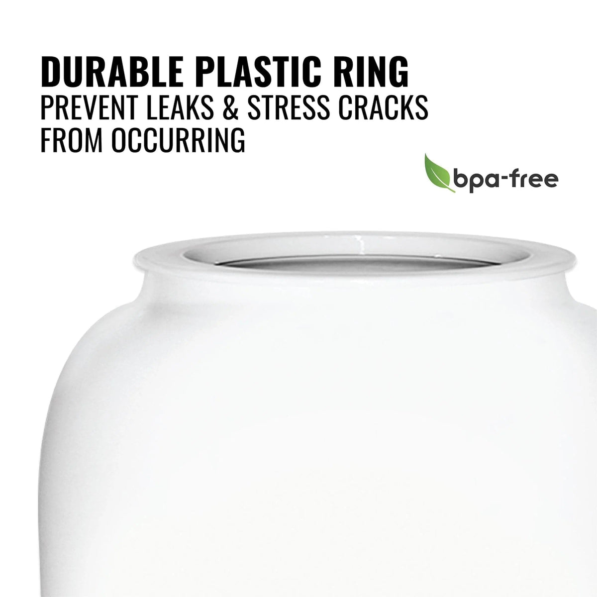 A close-up of the GEO Porcelain Ceramic Crock Water Dispenser - White’s upper rim showing text: “Durable plastic ring prevents leaks & stress cracks,” plus a BPA-free label with a green leaf icon.