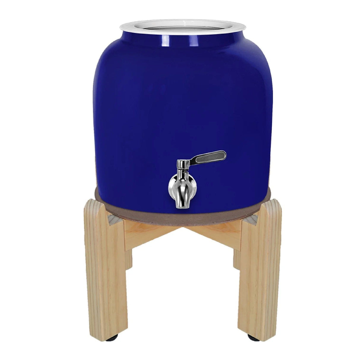 The GEO Porcelain Ceramic Crock Water Dispenser w/ Stand - Blue features a BPA-free blue ceramic crock with a chrome spigot on a light wooden stand, offering a stylish way to dispense water against a white background.