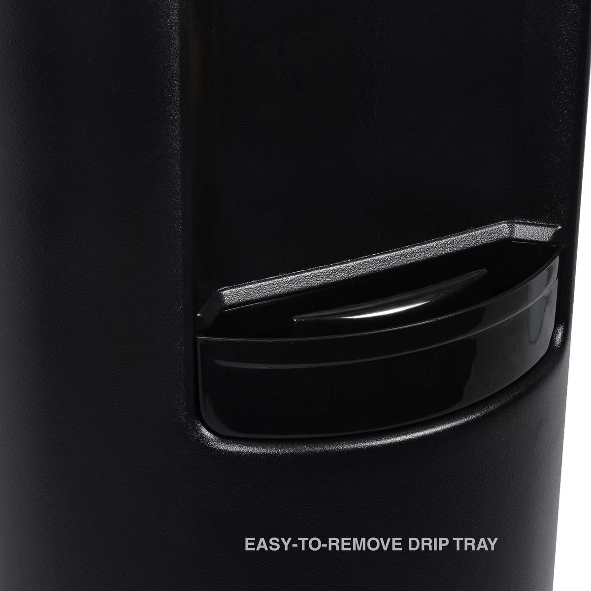 Close-up of a black easy-to-remove drip tray attached to a dark Hot & Cold Top Load Water Cooler - 520 Series, with the label EASY-TO-REMOVE DRIP TRAY written at the bottom.
