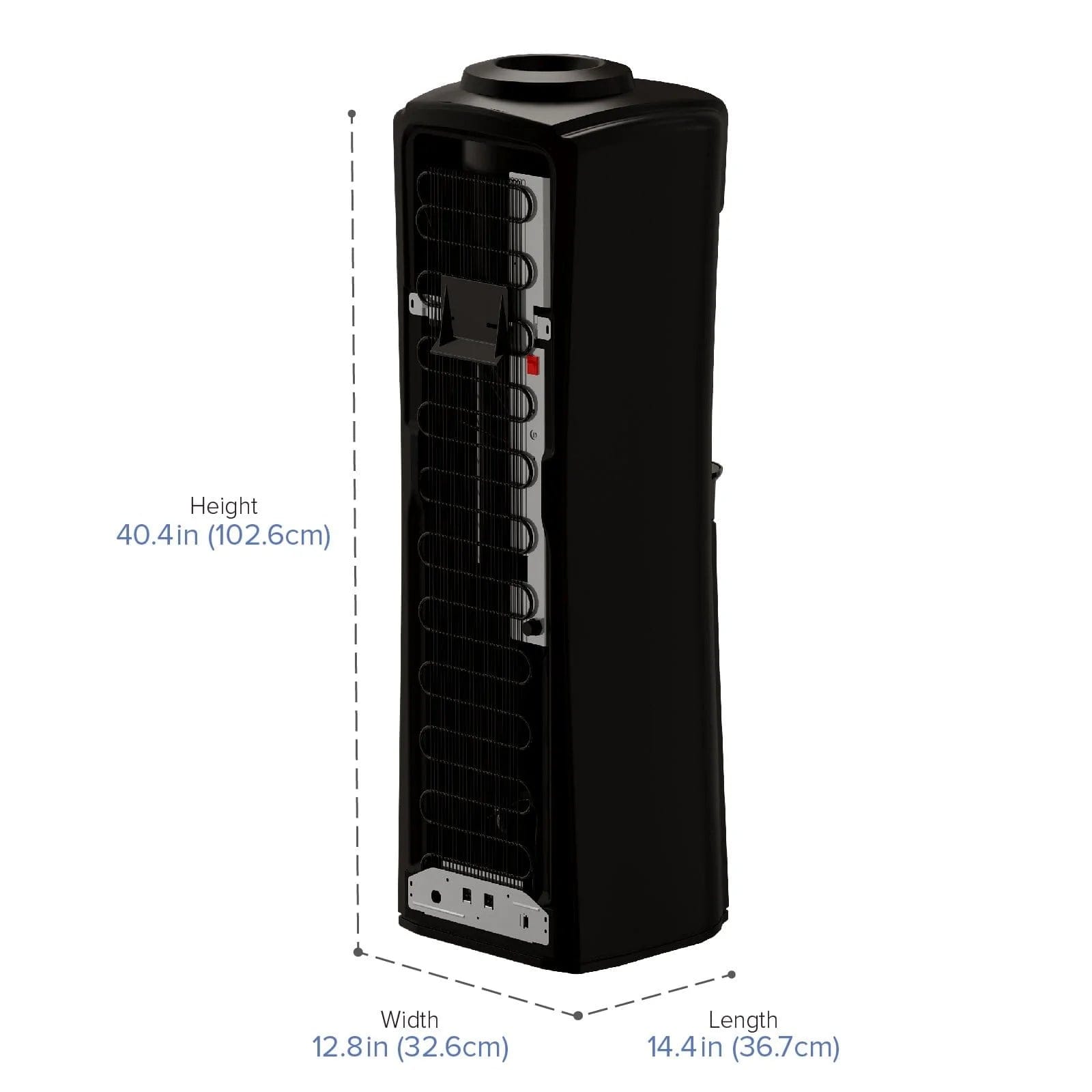 The Brio 500 Series (Room/Cold) Curved Black Top Load Water Cooler measures 40.4" H x 12.8" W x 14.4" L, offering sleek cold and room temperature hydration with a modern design and visible controls—an elegant water cooler alternative.