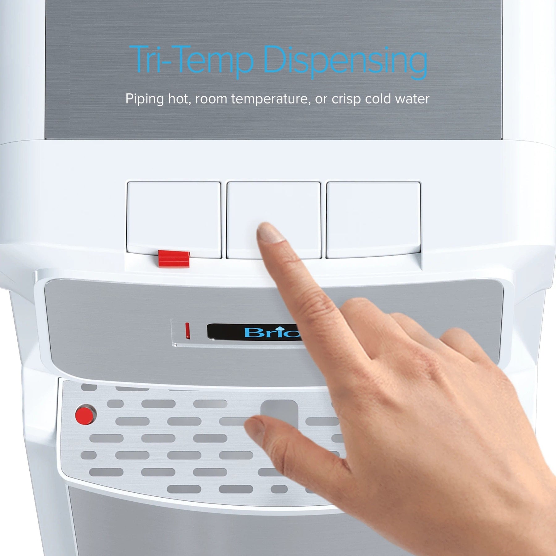 A hand presses the middle button on the Brio 600 Slim Series White Bottom Load Water Cooler, which features a sleek, slim design and Tri-Temp Dispensing for hot, room temperature, or cold water.