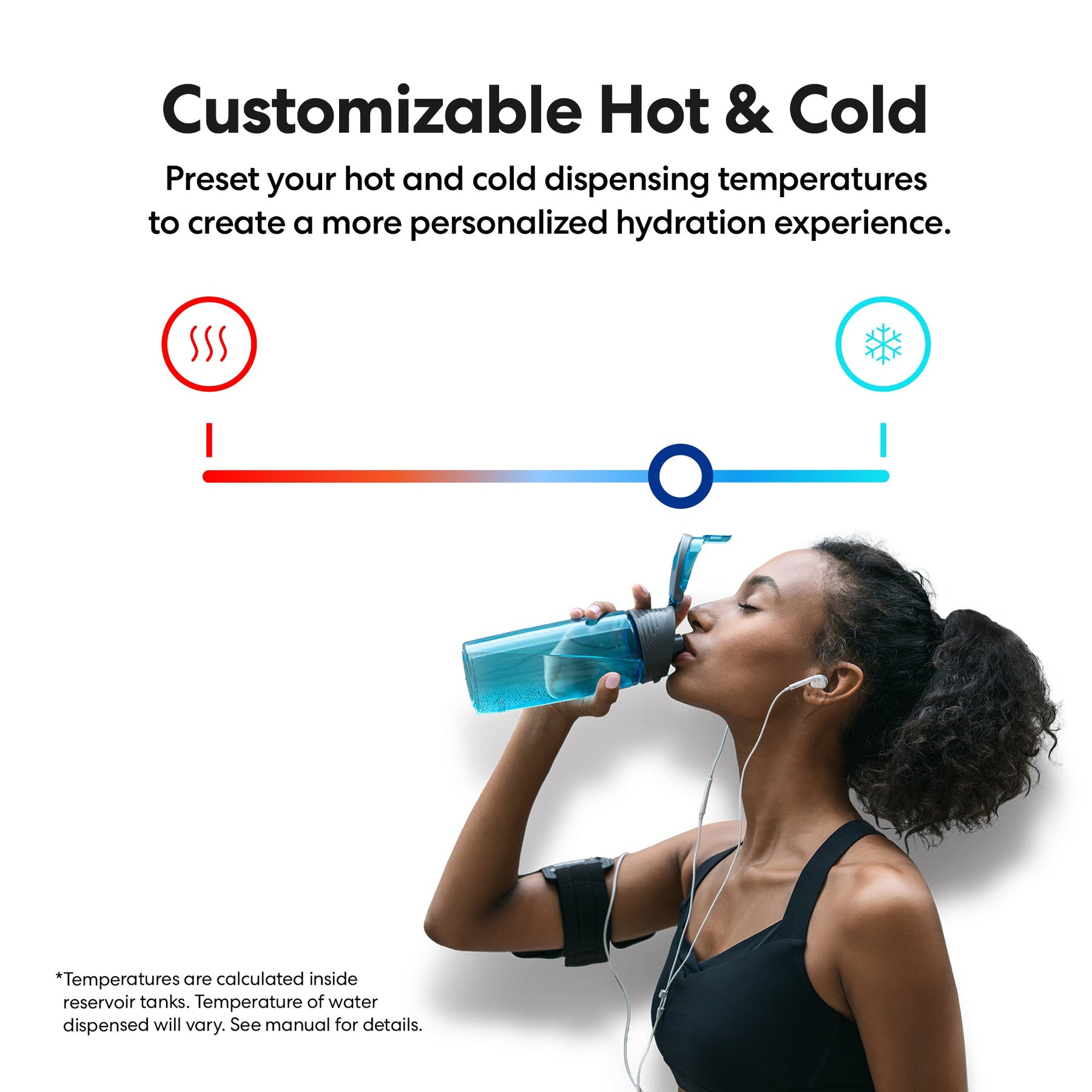 A woman in athletic wear drinks from a water bottle. Above her, icons for hot and cold with a temperature slider highlight how the Brio Moderna Self-Cleaning Bottom Load Water Cooler dispenses customizable hot or cold water for personal hydration.