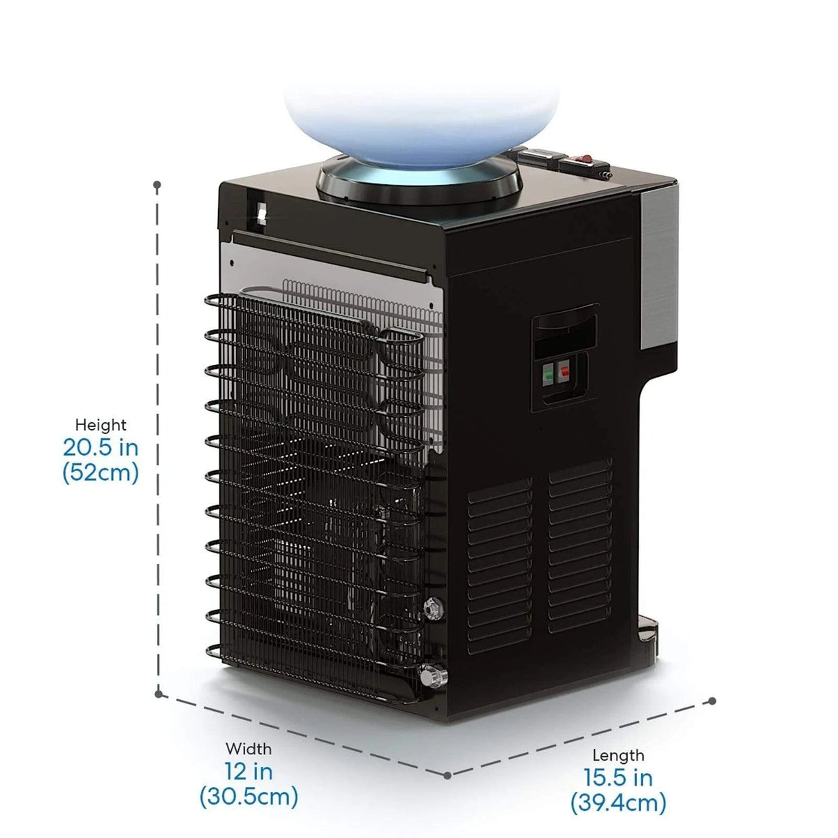 The Countertop Top Load Water Cooler - 520 Series, shown from the back, features a sleek black finish with external coils and a convenient control panel. It offers tri-temperature controls for versatile use and is constructed from durable stainless steel. Its dimensions are 20.5 inches (52 cm) in height, 12 inches (30.5 cm) in width, and 15.5 inches (39.4 cm) in length. A distinctive blue sphere rests on top of the unit.