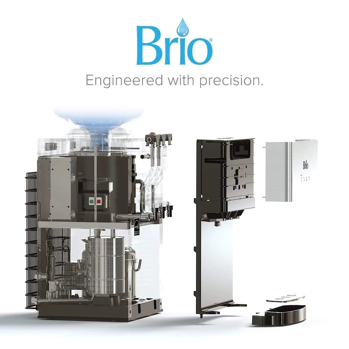 A partially disassembled Countertop Top Load Water Cooler - 520 Series is displayed, showcasing its stainless steel construction along with internal components and panels. Above, the Brio logo with a water drop and the text “Engineered with precision” are visible.