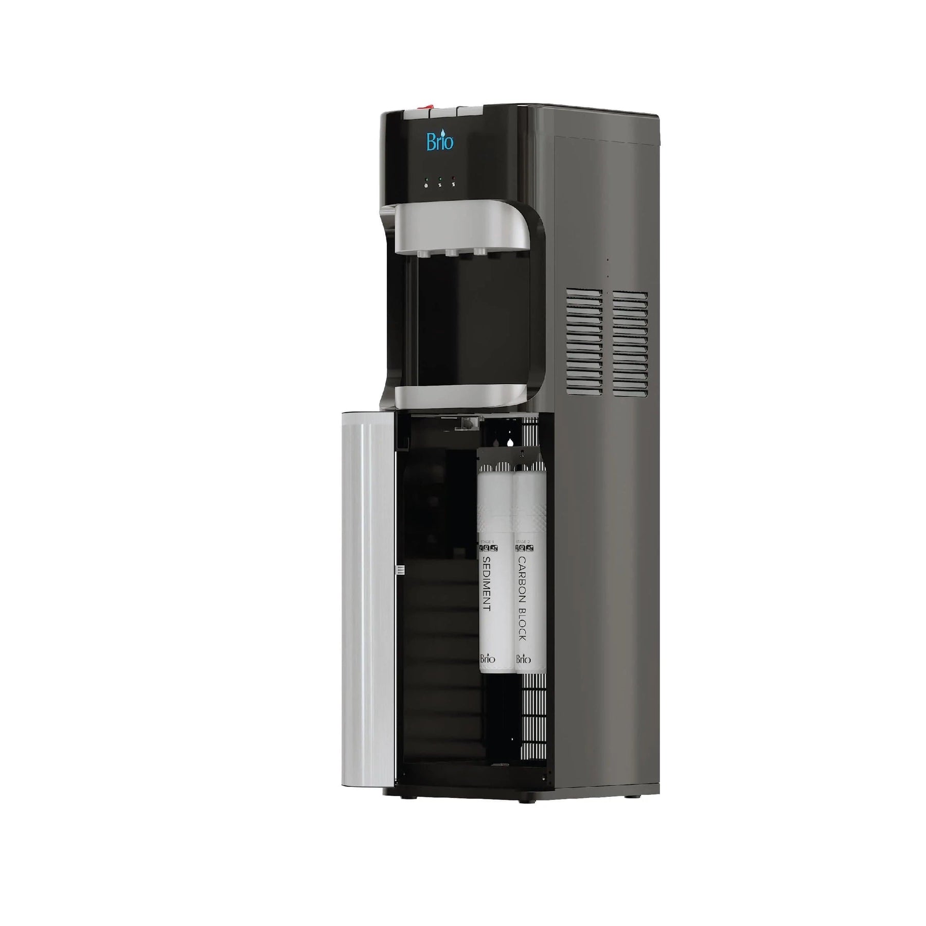 A freestanding Brio black bottleless water cooler with the front open to show 2-stage filtration.