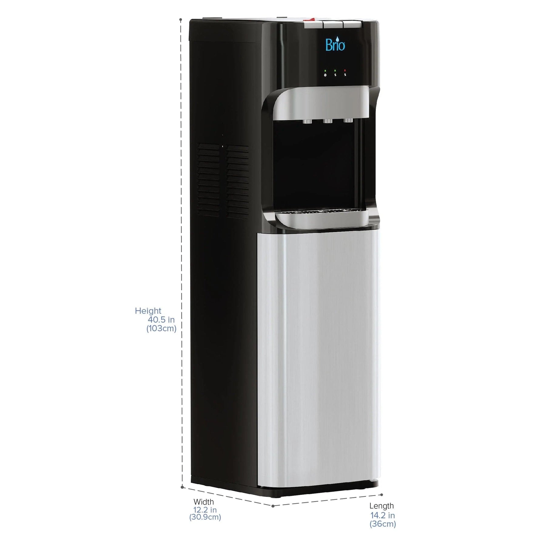 The Brio 400 Series 2-Stage Bottleless Water Cooler features a black and silver design, top control panel, dispensing area, and self-cleaning. Dimensions: 40.5"H x 12.2"W x 14.2"L (103x30.9x36 cm).