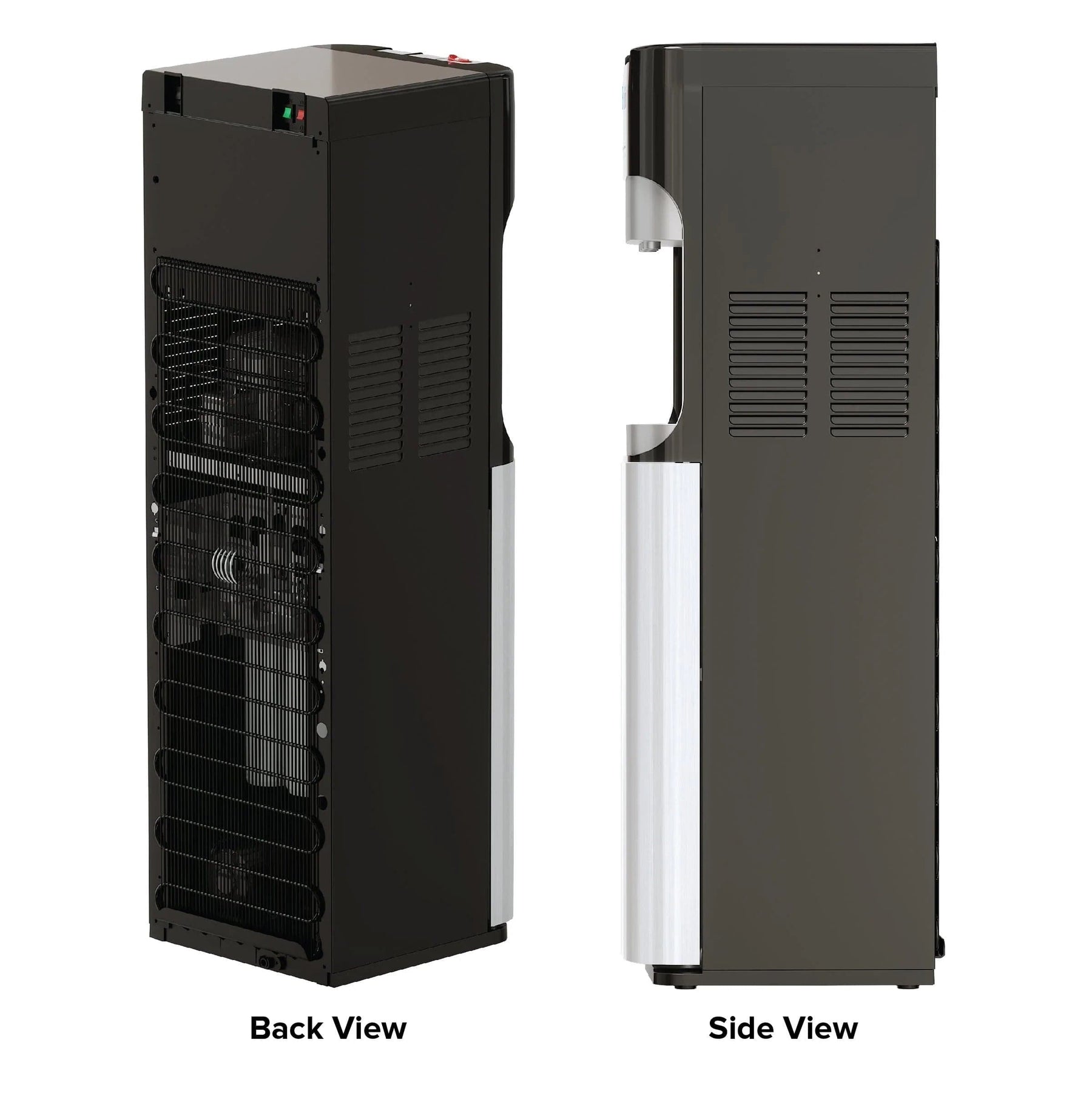 Two views of the Brio 400 Series 2-Stage Bottleless Water Cooler: the back shows its cooling system and vents; the side features a sleek finish, extra vents, and a top 2-stage ultrafiltration dispensing area.