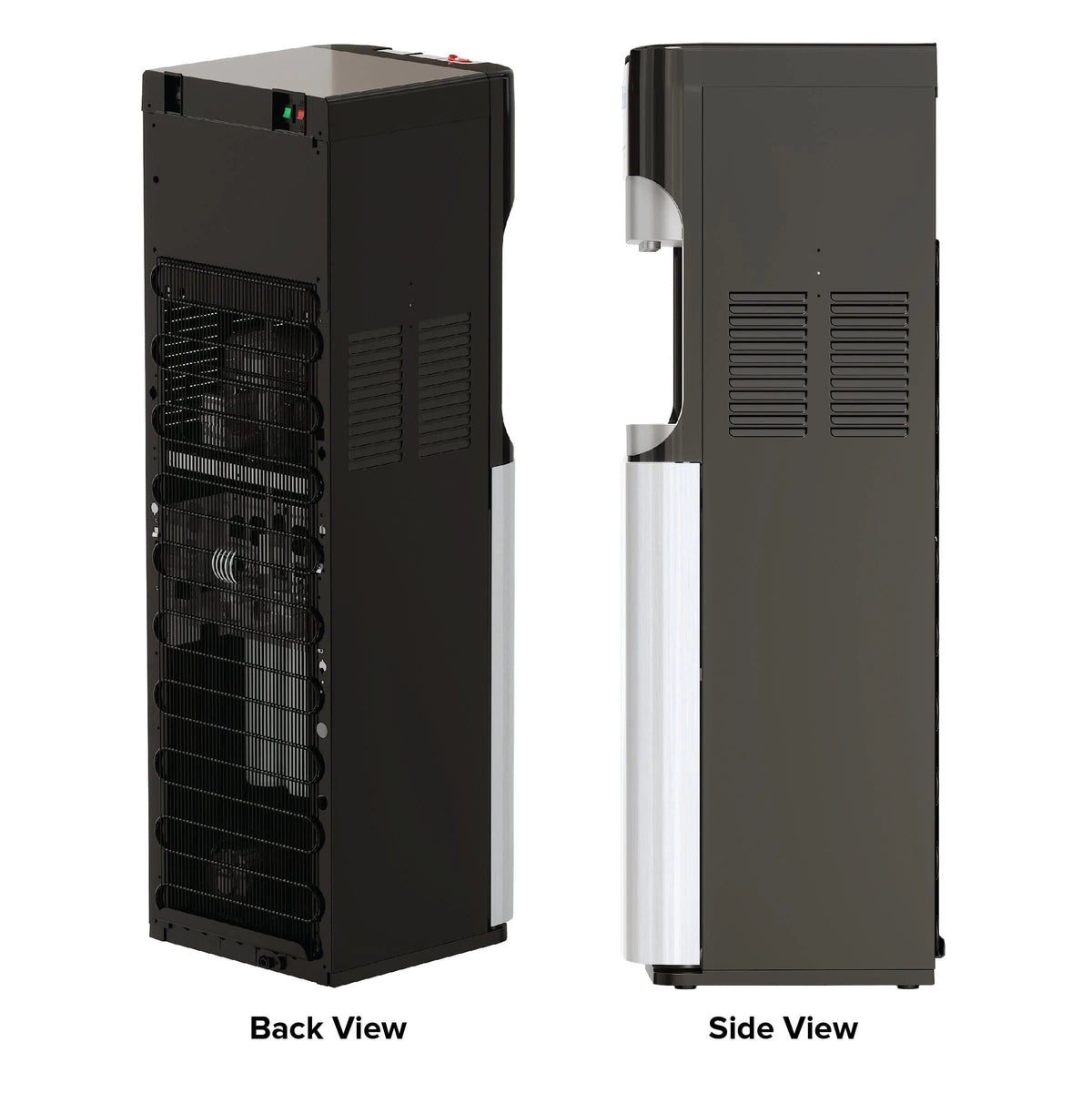A 2-Stage Bottleless Water Filtration Dispenser - 420 Series in black is displayed from two angles: the back view highlights vents and a fan, while the side view showcases vertical vents and a curved front section. This model offers advanced convenience with a self-cleaning function to ensure optimal hygiene.