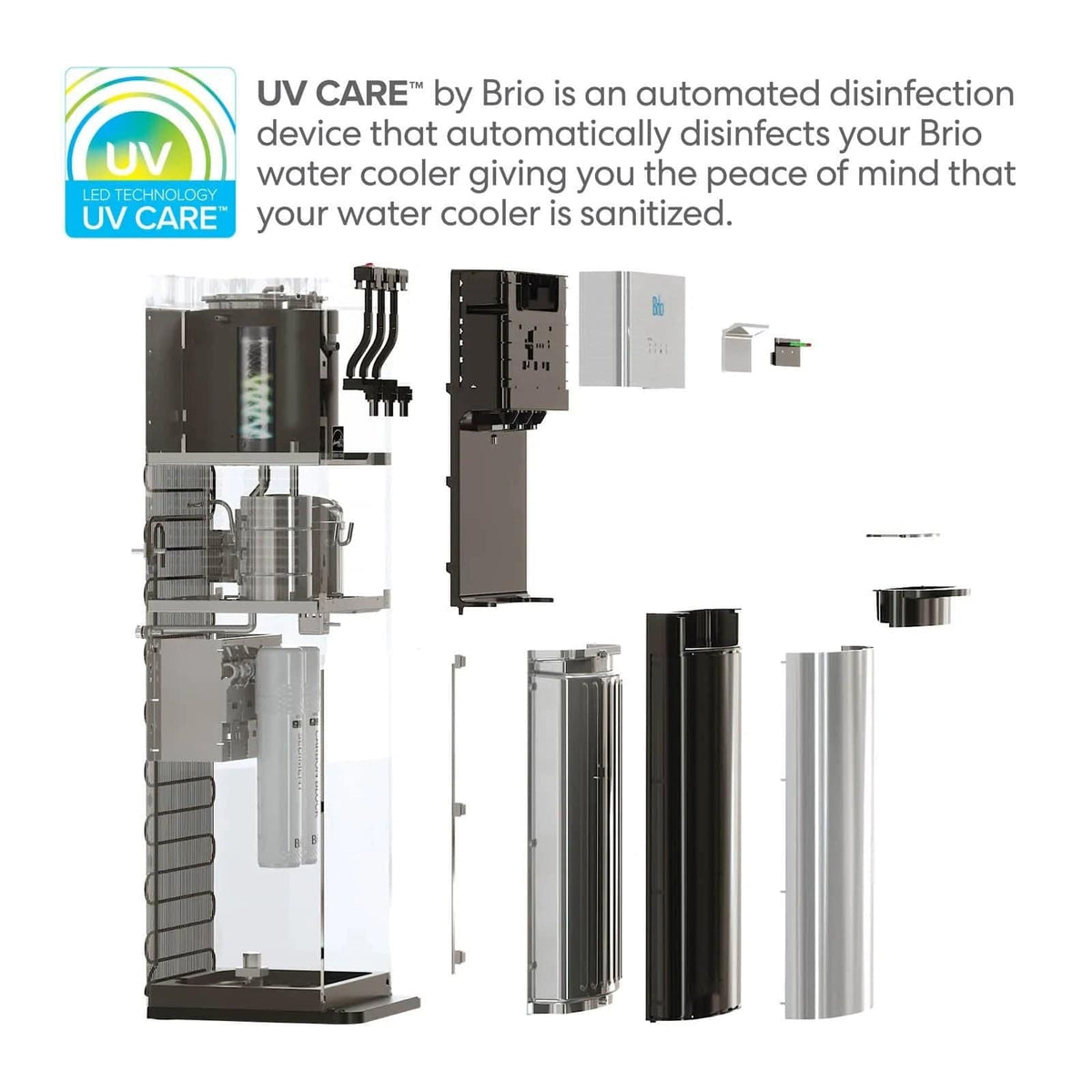 Exploded view of the 2-Stage Filtered Water Dispenser - 520 Series showing internal components and UV CARE™ device, with text stating that UV CARE™ automatically sanitizes the stainless steel cooler for clean water.