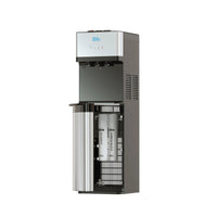The Brio 500 Series 2-Stage Bottleless Water Cooler features a sleek black and silver design with a stainless steel finish, three water spouts, indicator lights on top, and an accessible lower front panel for easy bottle placement.