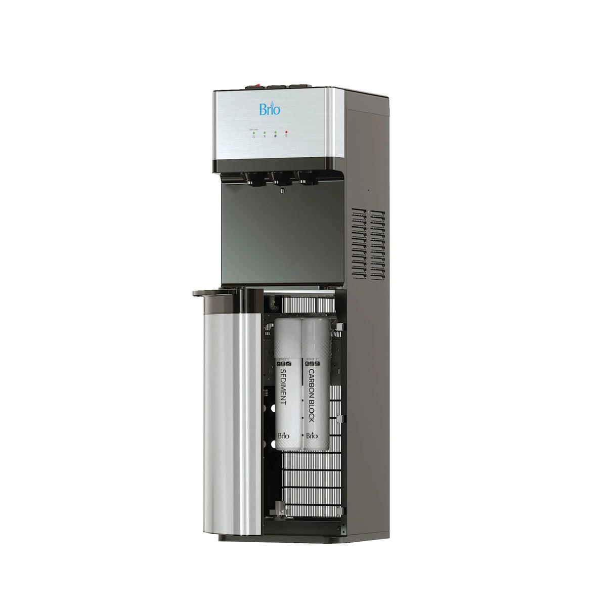 The Brio 2-Stage Filtered Water Dispenser - 520 Series features a black and silver design with an open lower compartment showing its 2-stage filtration system and three stainless steel spouts for water dispensing on the front.