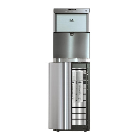 The Brio Moderna Touchless 4-Stage Reverse Osmosis Bottleless Water Cooler in silver and black features a digital display and an open front door revealing two filtration cartridges in the lower compartment.