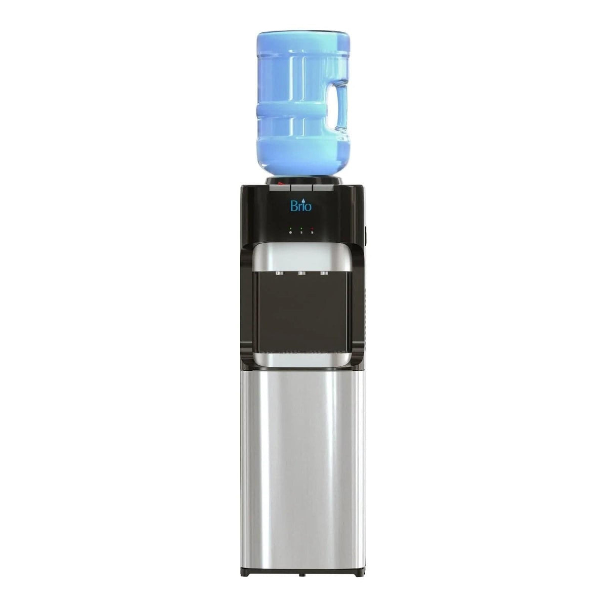 The Top Load Water Cooler - 420 Series is a silver and black dispenser with a large blue water jug on top, featuring front push buttons for easy water dispensing and stainless steel reservoirs for enhanced durability and purity.