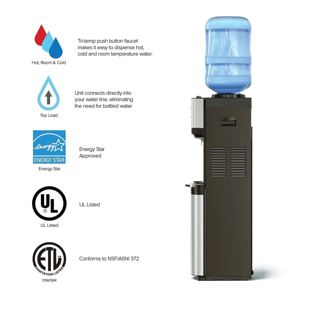 Side view of the Stainless Top Load Water Cooler - 520 Series in black with a blue water jug. Left icons show hot, room, and cold water; top load; stainless steel accents; Energy Star approved, UL listed, NSF/ANSI 372 certified.