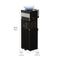 The Stainless Top Load Water Cooler - 520 Series has a tall black and stainless steel design with a blue jug on top, tri-temperature dispensing, and measures 38.5 in (98 cm) high, 12 in (30.5 cm) wide, and 13.5 in (34.5 cm) long.