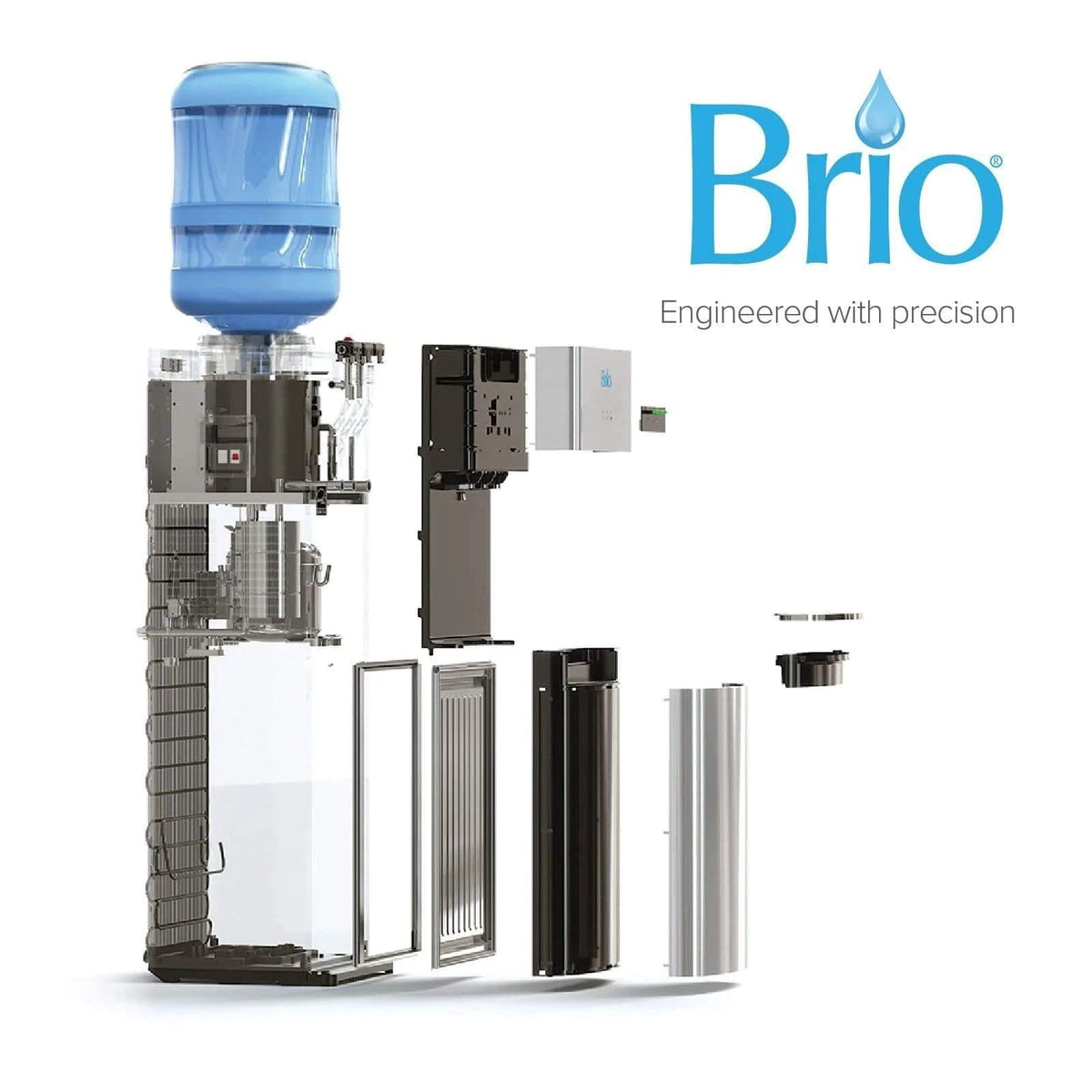 Exploded view of a Stainless Top Load Water Cooler - 520 Series with a large bottle on top, showing internal and external parts separated. The Brio logo and slogan "Engineered with precision" appear on the right.