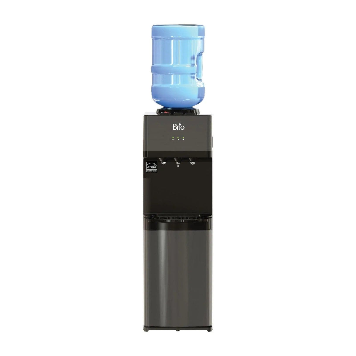 A Black Stainless Top Load Water Cooler - 520 Series, featuring a durable stainless steel finish, with a large blue water jug on top and three spouts for dispensing hot, cold, and room temperature water.